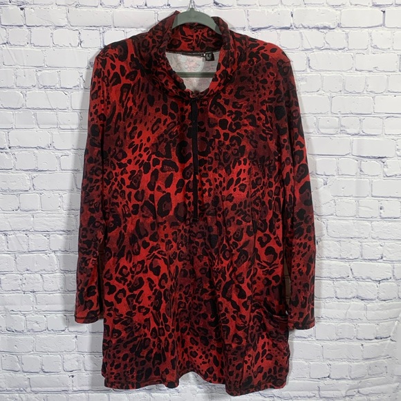 Susan Graver Tops - Susan Graver Womens Cowl Neck Leopard Print Pullover Red Black Size 2X Casual